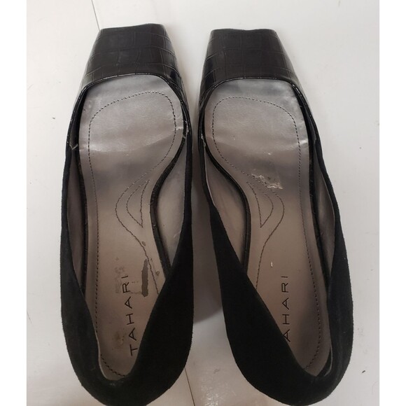 Tahari Women's Open Toe Black Suede Leather Croc Print Accent Heel Sz 10 PO Good - Picture 5 of 14